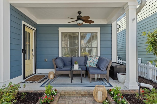 view of patio / terrace with ceiling fan, covered porch, and an outdoor hangout area