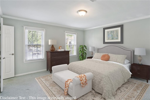 carpeted bedroom featuring crown molding