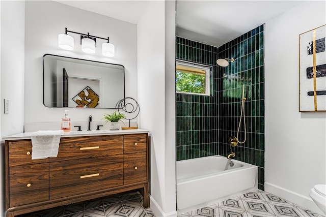 bathroom with toilet, shower / bathing tub combination, baseboards, tile patterned flooring, and vanity