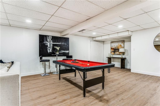 playroom with a drop ceiling, baseboards, recessed lighting, wood finished floors, and pool table