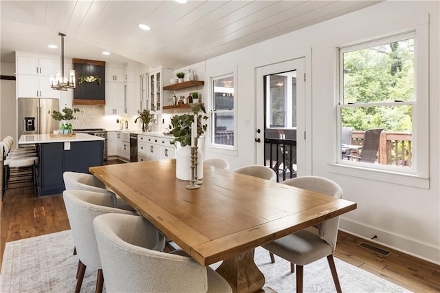 221 Brooke Dr, Alpharetta, GA 30009 - dining area with dark wood-style floors, baseboards, recessed lighting, a chandelier, and wood ceiling