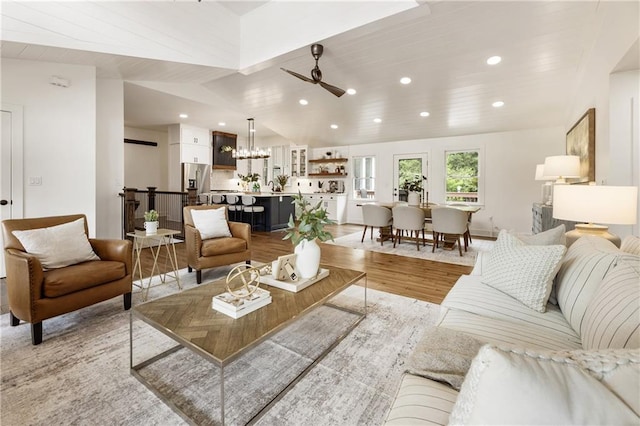 221 Brooke Dr, Alpharetta, GA 30009 - living area with ceiling fan, recessed lighting, a chandelier, light wood-type flooring, and vaulted ceiling