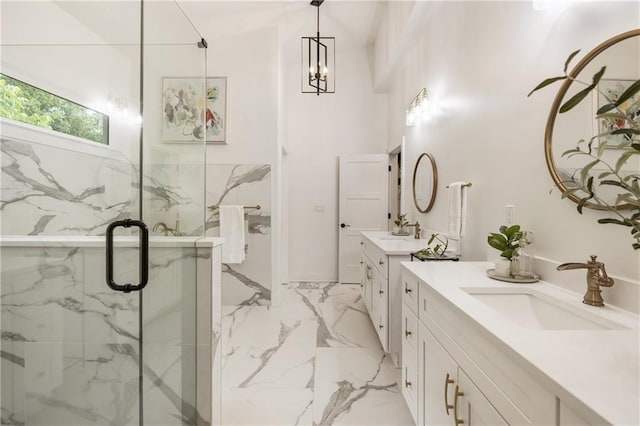221 Brooke Dr, Alpharetta, GA 30009 - full bathroom featuring marble tiled flooring, two vanities, and a marble finish shower