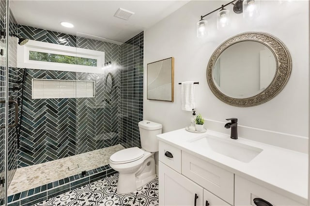 221 Brooke Dr, Alpharetta, GA 30009 - full bath featuring toilet, vanity, a shower stall, and tile patterned floors
