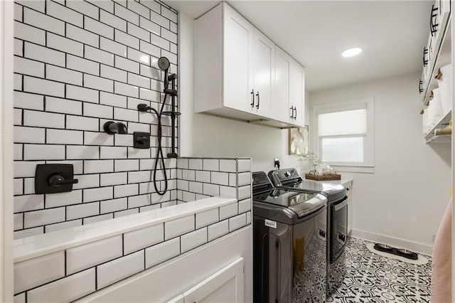 221 Brooke Dr, Alpharetta, GA 30009 - laundry room featuring cabinet space, separate washer and dryer, baseboards, and recessed lighting