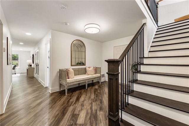 221 Brooke Dr, Alpharetta, GA 30009 - foyer with stairway, dark wood-type flooring, baseboards, and recessed lighting