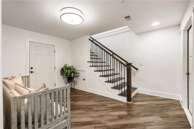221 Brooke Dr, Alpharetta, GA 30009 - entrance foyer with wood finished floors, stairway, baseboards, and recessed lighting