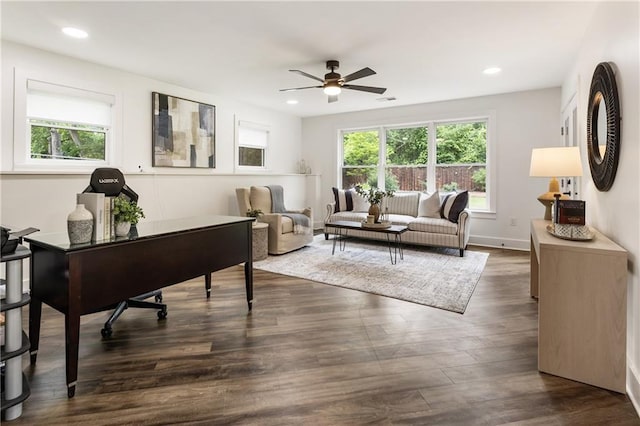 221 Brooke Dr, Alpharetta, GA 30009 - living area featuring a ceiling fan, dark wood-type flooring, and recessed lighting