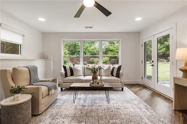 221 Brooke Dr, Alpharetta, GA 30009 - living area featuring wood finished floors, a ceiling fan, recessed lighting, french doors, and baseboards