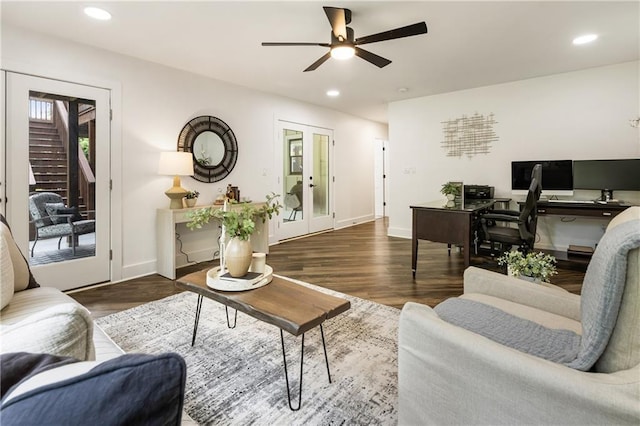 221 Brooke Dr, Alpharetta, GA 30009 - living area with ceiling fan, wood finished floors, recessed lighting, baseboards, and stairs