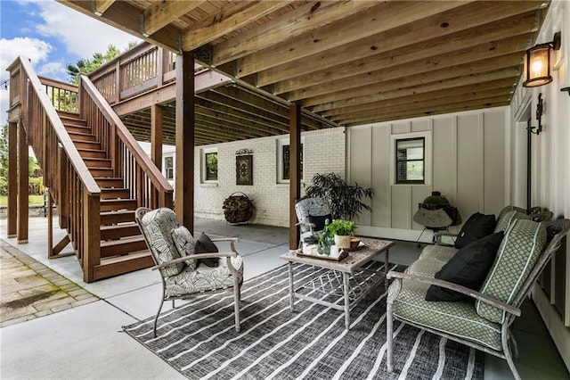 221 Brooke Dr, Alpharetta, GA 30009 - view of patio featuring stairway, a deck, and an outdoor living space