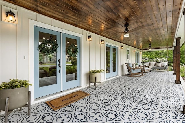 221 Brooke Dr, Alpharetta, GA 30009 - wooden deck with french doors, an outdoor hangout area, and ceiling fan