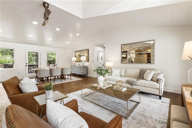 221 Brooke Dr, Alpharetta, GA 30009 - living room featuring wood finished floors, baseboards, recessed lighting, and vaulted ceiling