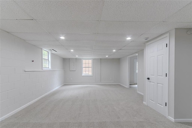 1706 Brandon Lee Way SW, Marietta, GA 30008 - basement featuring a paneled ceiling, carpet flooring, recessed lighting, concrete block wall, and baseboards