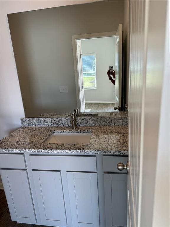 bathroom with hardwood / wood-style floors and vanity