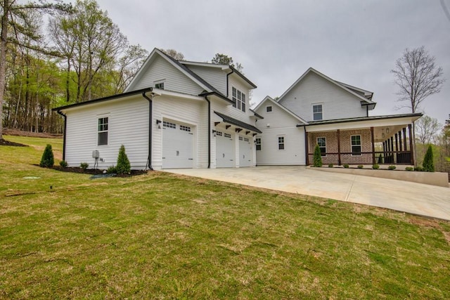 exterior space featuring driveway, covered porch, brick siding, a front lawn, and a garage