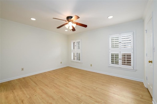7500 Roswell Rd Unit 18, Sandy Springs, GA 30350 - spare room featuring a ceiling fan, ornamental molding, light wood-style flooring, recessed lighting, and baseboards