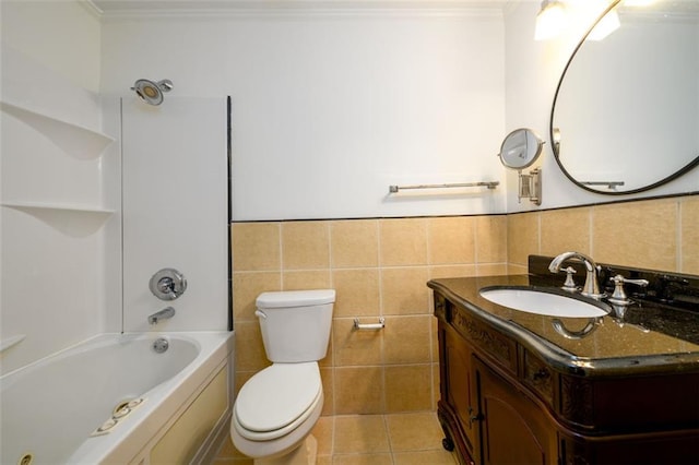 7500 Roswell Rd Unit 18, Sandy Springs, GA 30350 - bathroom with crown molding, vanity, toilet, tile walls, and a combined bath / shower with jetted tub