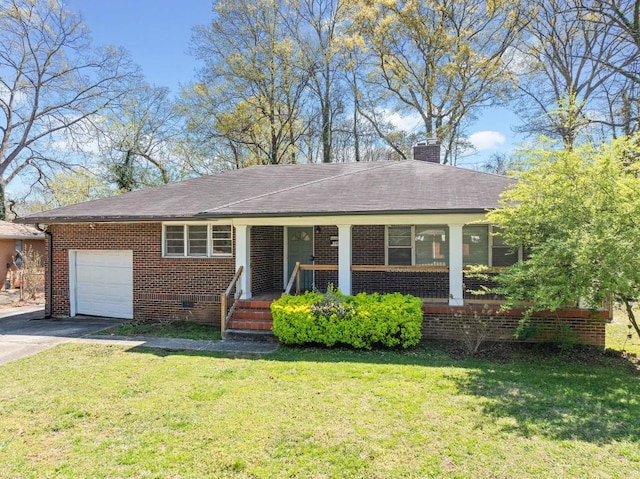 1286 Calhoun Ter SW, Atlanta, GA 30314 - ranch-style home featuring concrete driveway, a chimney, a garage, a front lawn, and a porch