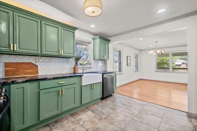 1286 Calhoun Ter SW, Atlanta, GA 30314 - kitchen with crown molding, a sink, backsplash, dishwasher, and dark countertops