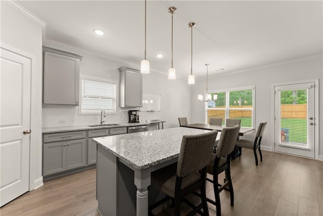 kitchen featuring gray cabinetry, a sink, stainless steel dishwasher, healthy amount of natural light, and ornamental molding
