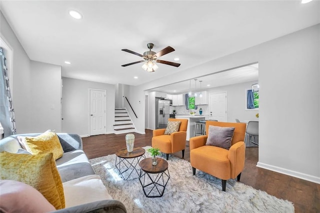 1893 Burning Tree Dr, Decatur, GA 30032 - living area featuring stairway, wood finished floors, baseboards, recessed lighting, and ceiling fan