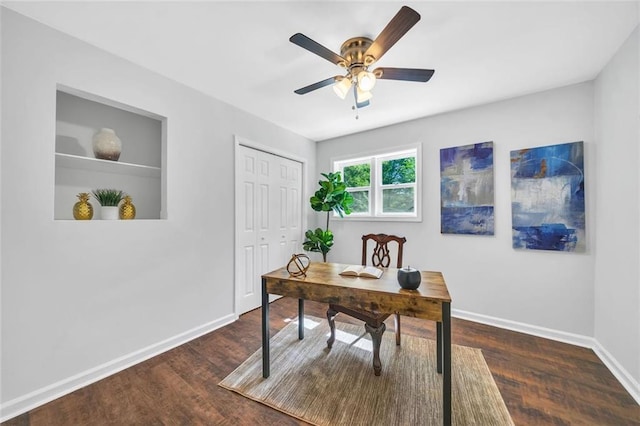 1893 Burning Tree Dr, Decatur, GA 30032 - home office with baseboards, a ceiling fan, and dark wood-style flooring