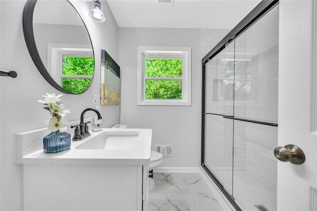 1893 Burning Tree Dr, Decatur, GA 30032 - full bath with vanity, a shower stall, visible vents, and marble finish floor