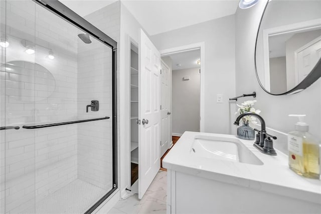 1893 Burning Tree Dr, Decatur, GA 30032 - bathroom with marble finish floor, vanity, and a shower stall