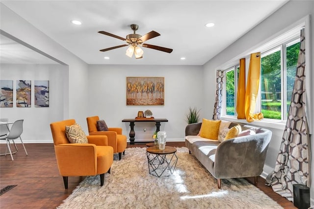 1893 Burning Tree Dr, Decatur, GA 30032 - living room with recessed lighting, baseboards, a ceiling fan, and wood finished floors