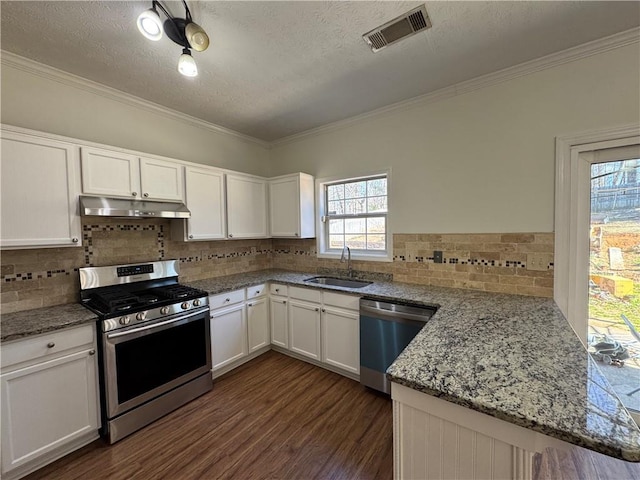 kitchen with visible vents, a peninsula, stainless steel appliances, under cabinet range hood, and a sink