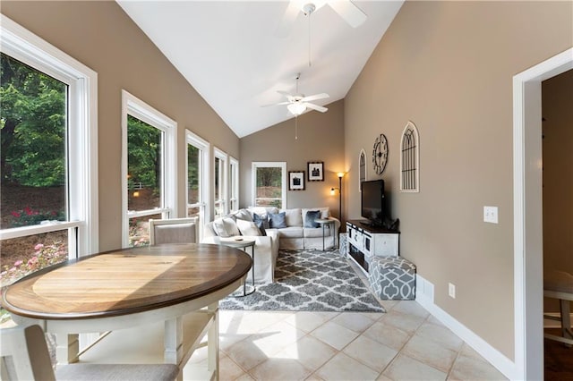 1254 Hadaway Garden Dr NW, Kennesaw, GA 30152 - living area with a ceiling fan, light tile patterned flooring, and high vaulted ceiling