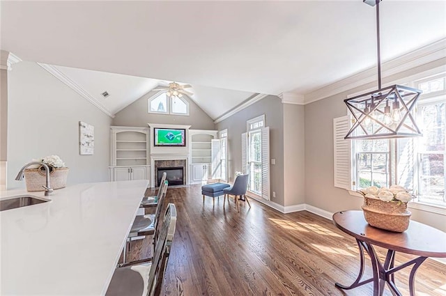 dining space with a fireplace, baseboards, plenty of natural light, and wood finished floors