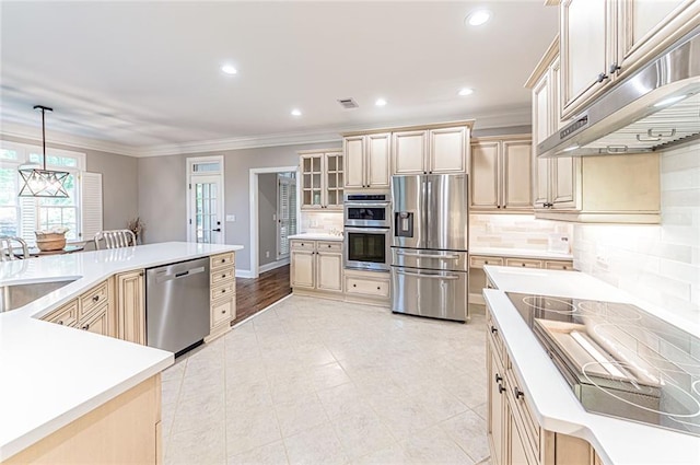 9175 Etching Overlook, Johns Creek, GA 30097 - kitchen with appliances with stainless steel finishes, under cabinet range hood, cream cabinetry, crown molding, and a sink