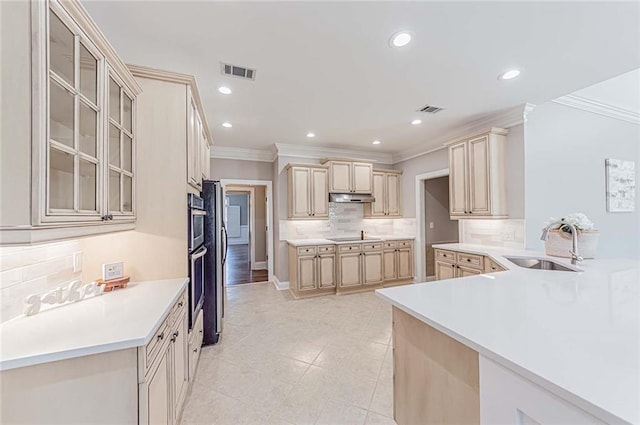 kitchen with visible vents, a sink, crown molding, and cream cabinets