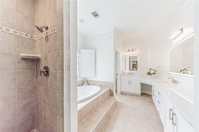 9175 Etching Overlook, Johns Creek, GA 30097 - full bathroom with double vanity, ornamental molding, a bath, tiled shower, and tile patterned flooring