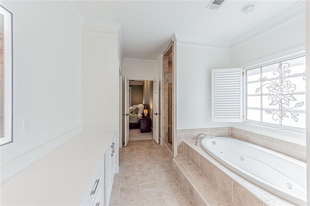 bathroom with a stall shower, visible vents, tile patterned floors, a jetted tub, and crown molding