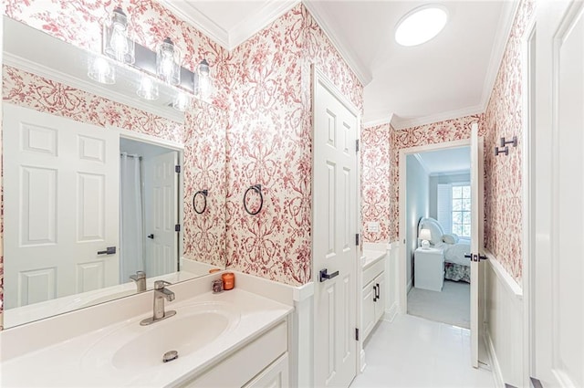 bathroom featuring vanity, ornamental molding, ensuite bath, tile patterned flooring, and wallpapered walls