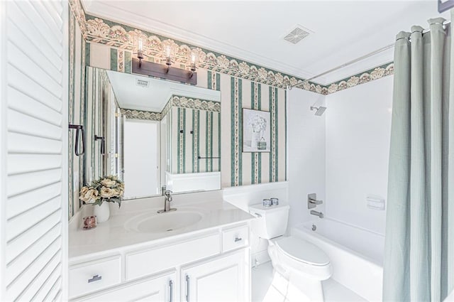 9175 Etching Overlook, Johns Creek, GA 30097 - bathroom with vanity, shower / tub combo, toilet, and wallpapered walls