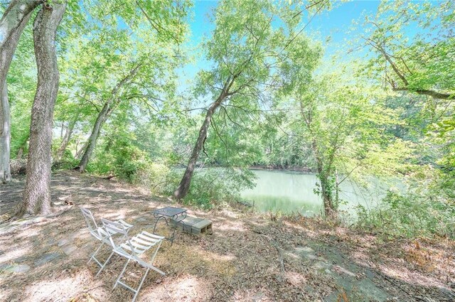 view of yard featuring a water view and a forest view