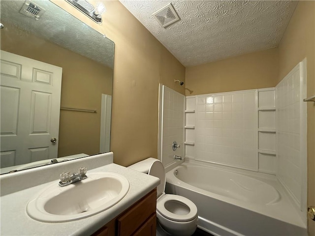 full bath featuring a textured ceiling, toilet, vanity, visible vents, and tub / shower combination