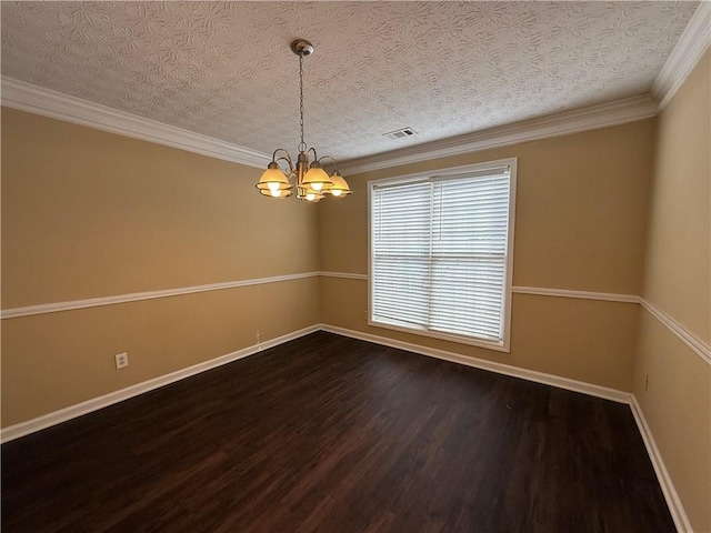 empty room with a textured ceiling, dark wood-style flooring, visible vents, baseboards, and crown molding