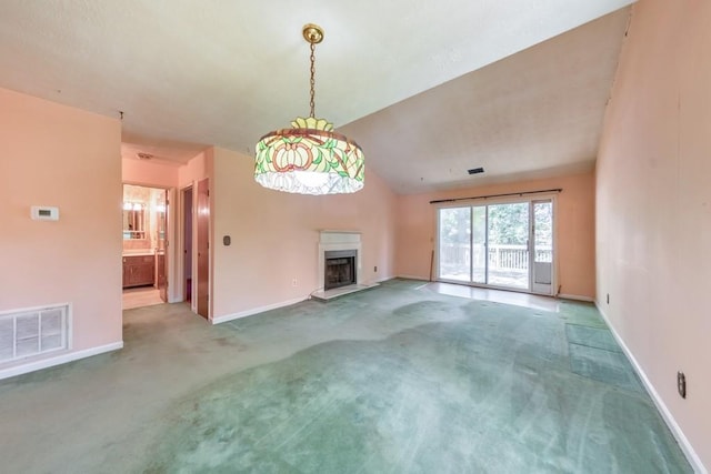350 Pleasant Oak Ct SW, Marietta, GA 30008 - unfurnished living room featuring baseboards, a premium fireplace, carpet floors, and lofted ceiling