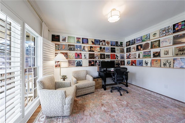 office with wood finished floors and ornamental molding