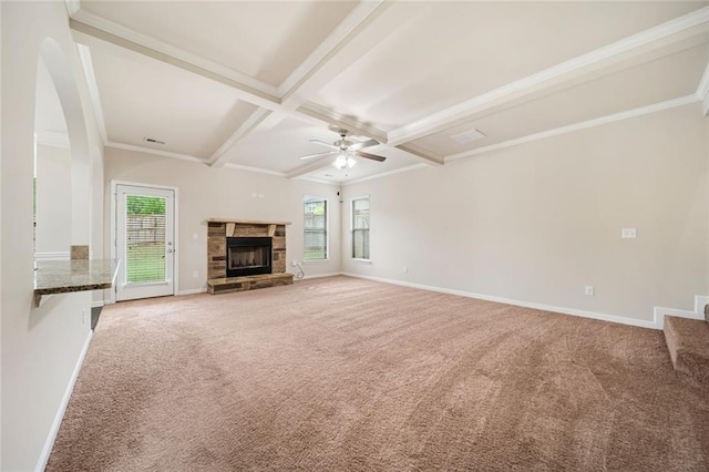 212 Jetta Cir, Mcdonough, GA 30253 - unfurnished living room featuring baseboards, healthy amount of natural light, coffered ceiling, carpet, and beamed ceiling