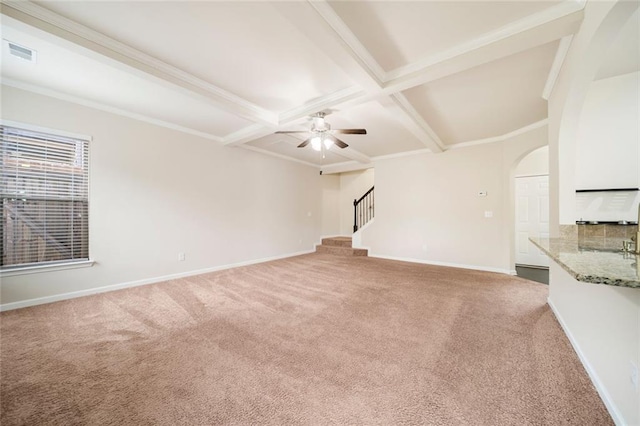 212 Jetta Cir, Mcdonough, GA 30253 - unfurnished living room with carpet floors, stairway, coffered ceiling, beam ceiling, and baseboards