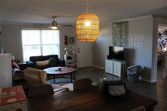 living room featuring hardwood / wood-style flooring, ceiling fan with notable chandelier, ornamental molding, and a textured ceiling