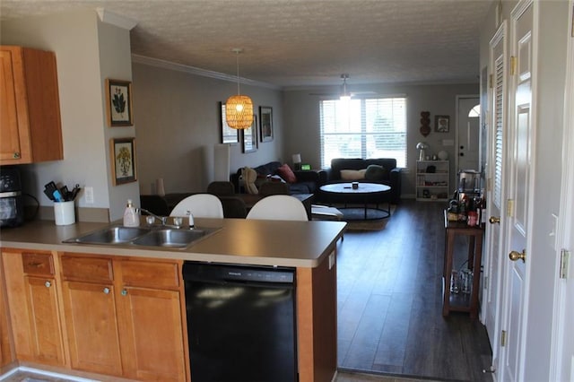 kitchen with sink, dark wood-type flooring, dishwasher, a textured ceiling, and decorative light fixtures