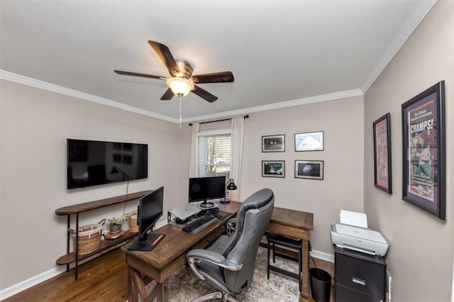 office area featuring hardwood / wood-style flooring, ornamental molding, and ceiling fan