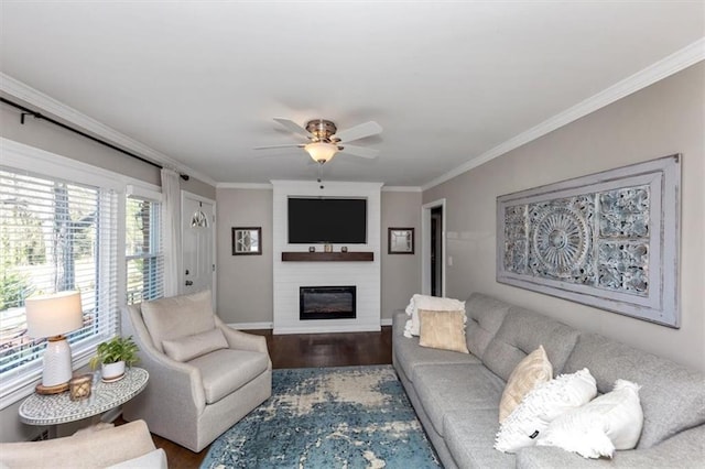 living room featuring ceiling fan, ornamental molding, a fireplace, and wood-type flooring